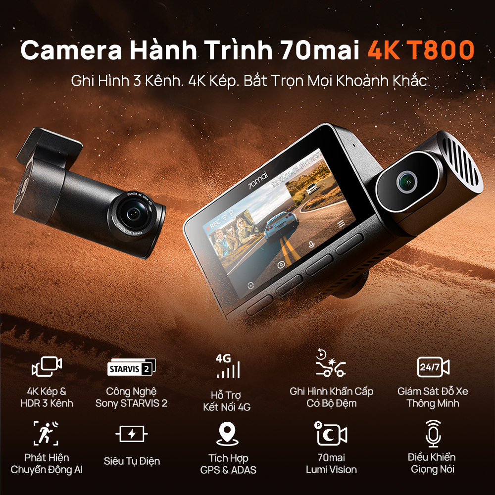 Camera hành trình 70mai T800 4G ghi hình 3 kênh HDR 4K kép