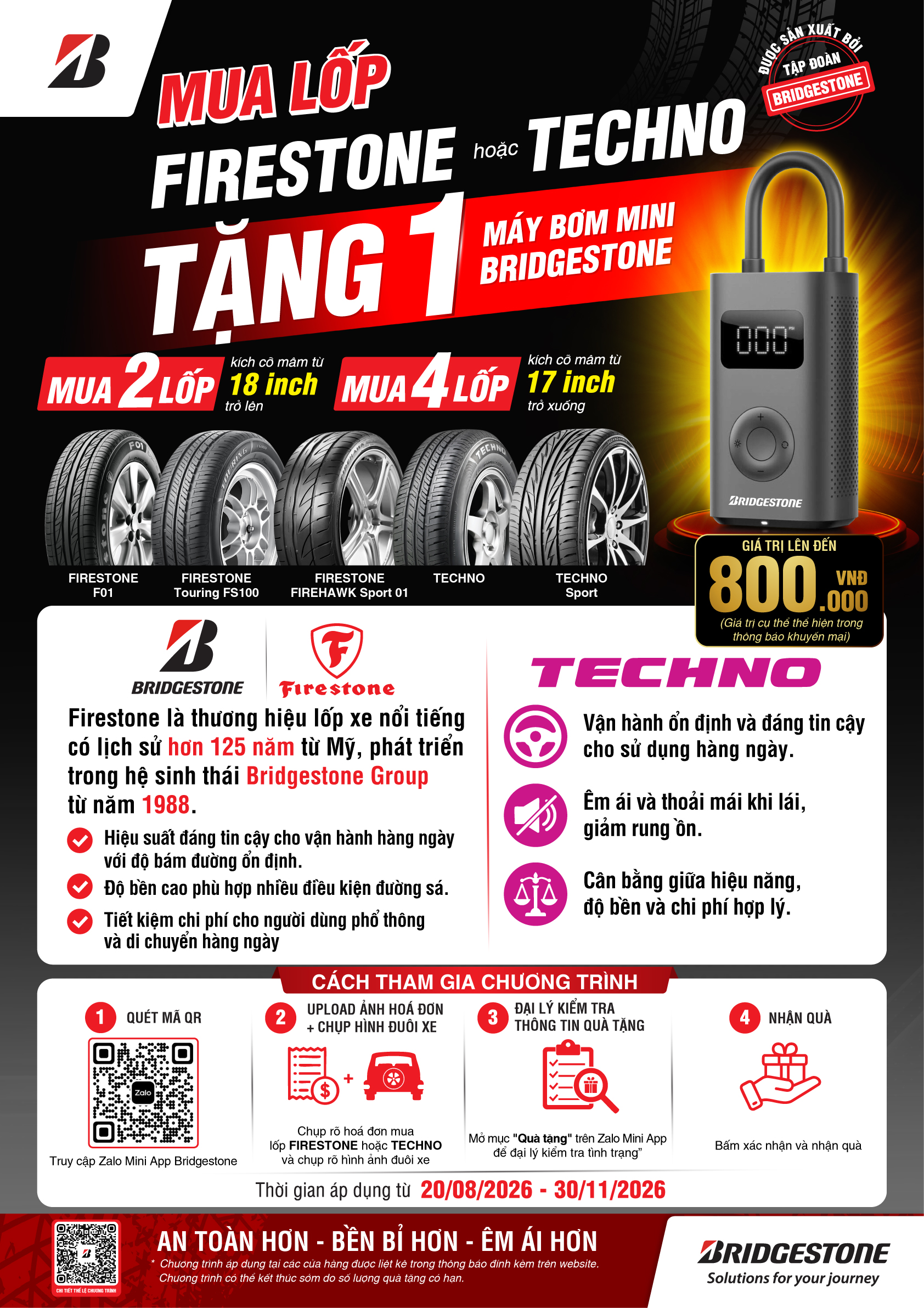 Chương trình khuyến mại dành cho sản phẩm lốp xe du lịch Firestone và Techno – tháng 8-11/2026